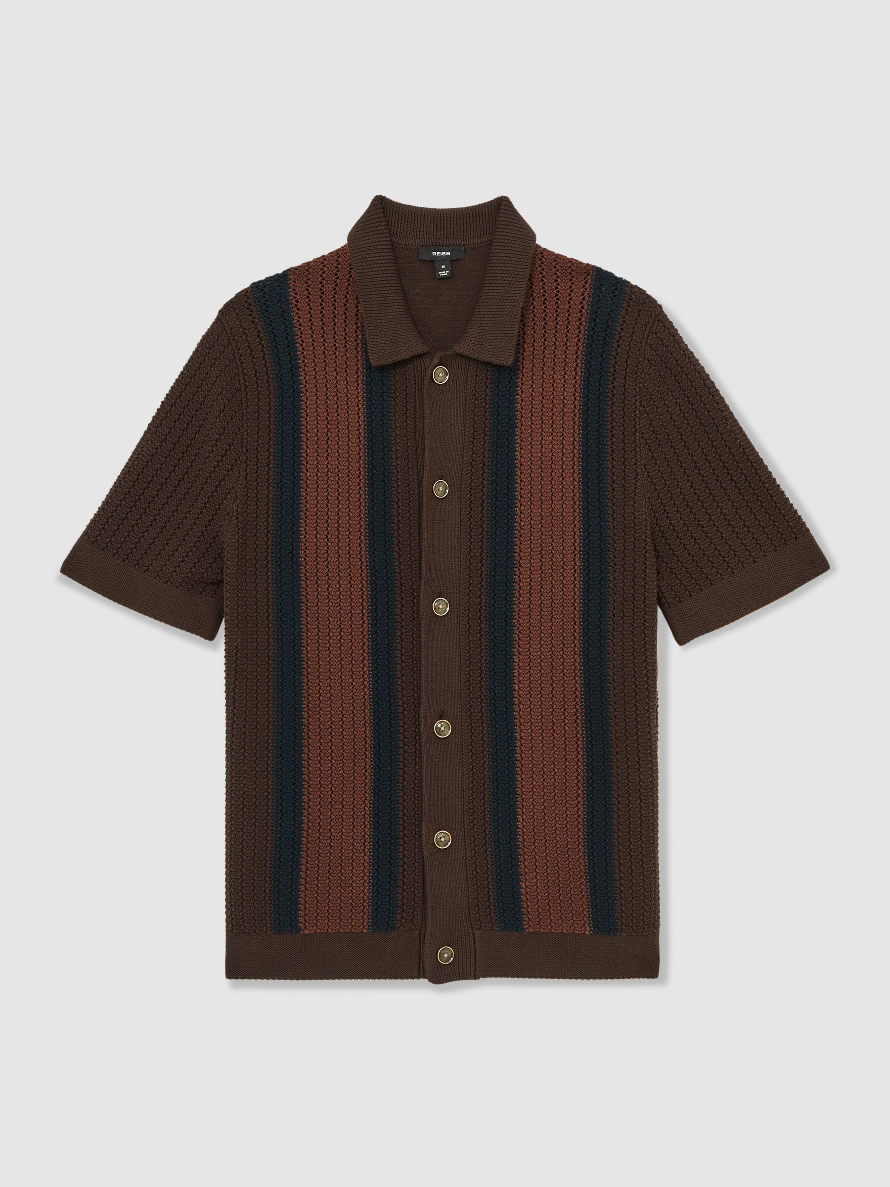 Cotton Textured-Knit Stripe Shirt in Brown Multi Product Image