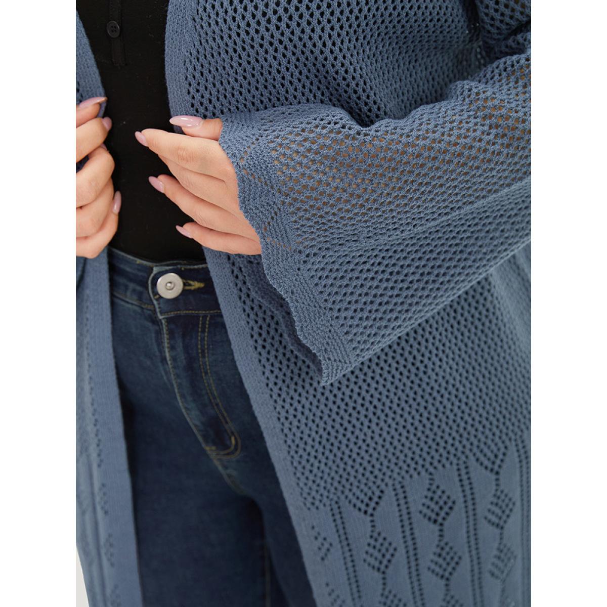 Plus Size Solid Geometric Eyelet Open Front Cardigan Aegean Women Casual Loose Long Sleeve Dailywear Cardigans BloomChic 12/L Product Image