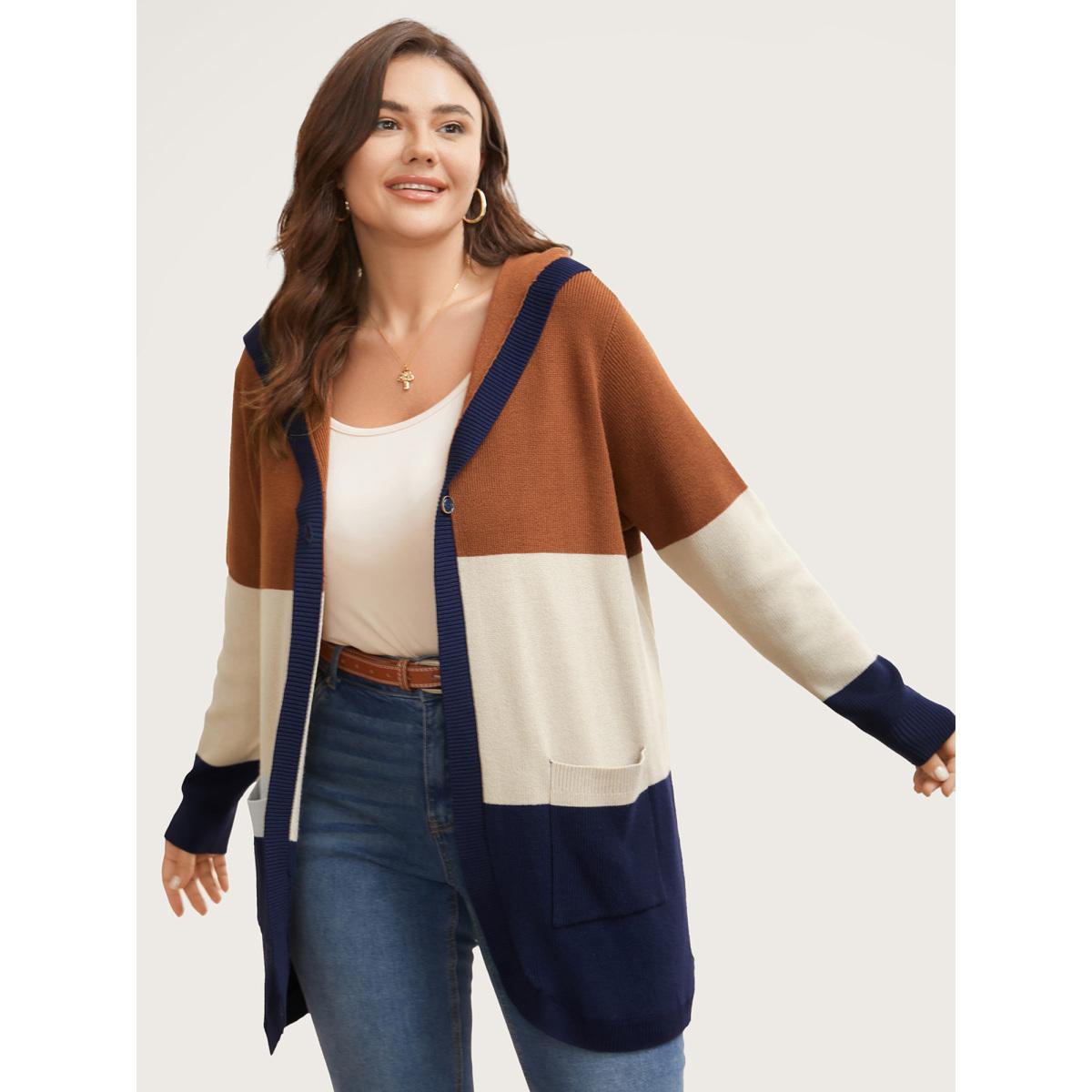 Plus Size Colorblock Contrast Patched Pocket Hooded Cardigan Browncoffeecolor Women Leisure Loose Long Sleeve Casual Cardigans BloomChic 30/6X Product Image