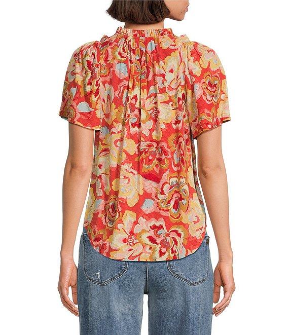 Democracy Petite Size Woven Floral Ruffled Trim Split-V Neck Short Bell Sleeve Top Product Image