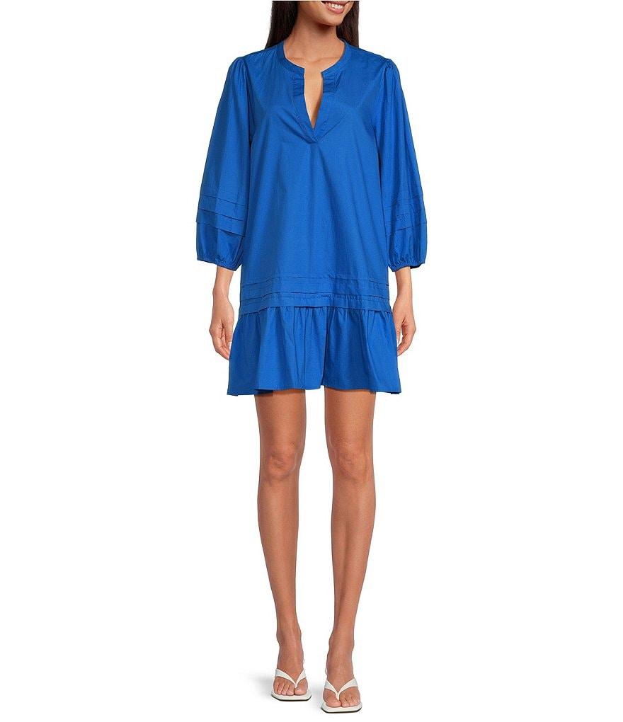 Sugarlips Velma Poplin Split V-Neck 3/4 Sleeve Ruffle Hem Mini Dress Product Image