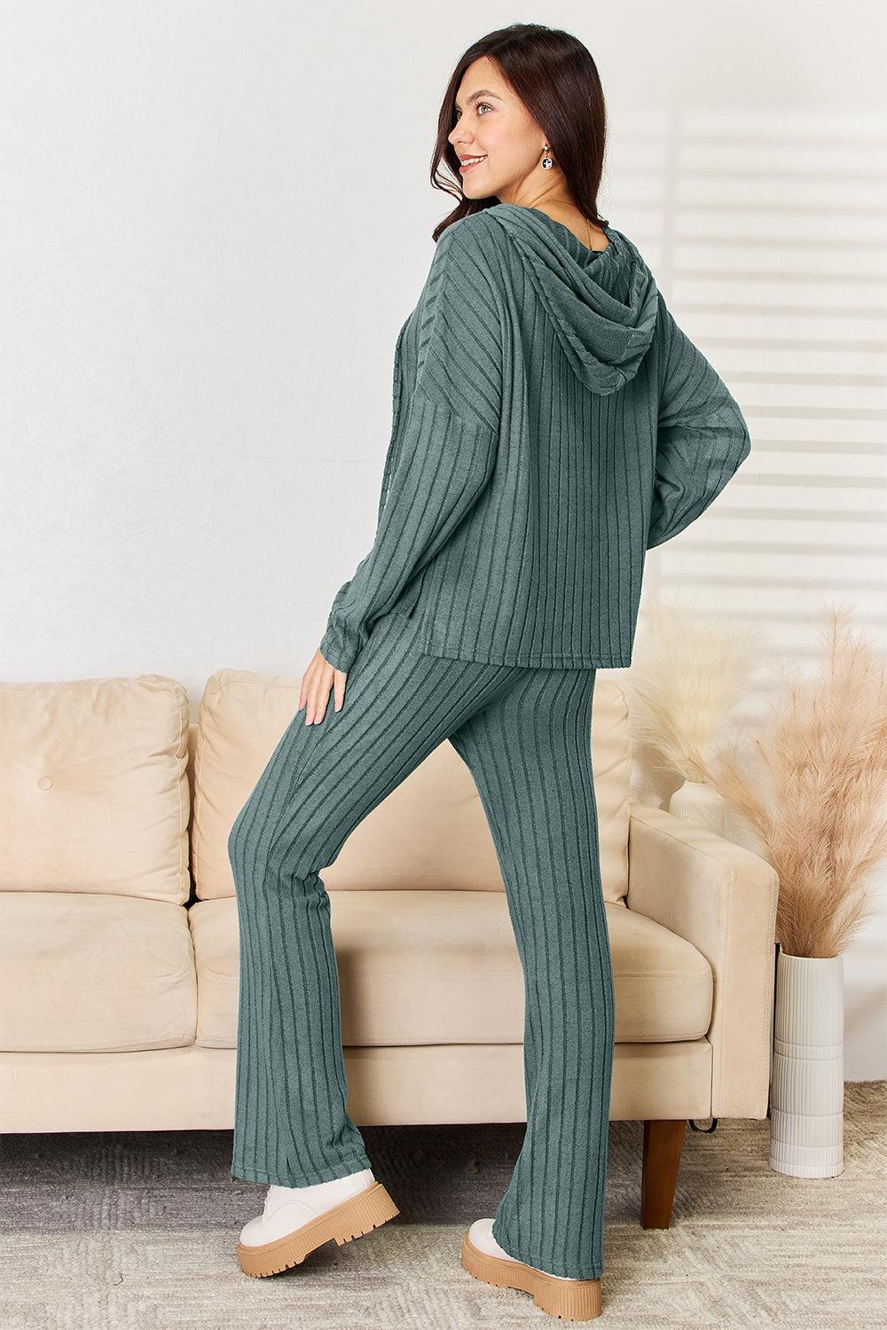 Basic Bae Full Size Ribbed Drawstring Hooded Top and Straight Pants Set Product Image