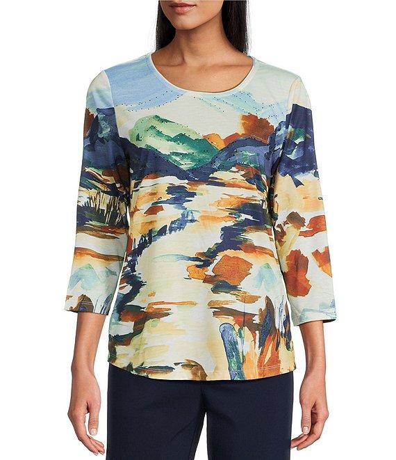 Allison Daley Petite Size Deep Forest Autumn Prairie Print 3/4 Ruched Sleeve Crew Neck Knit Top Product Image