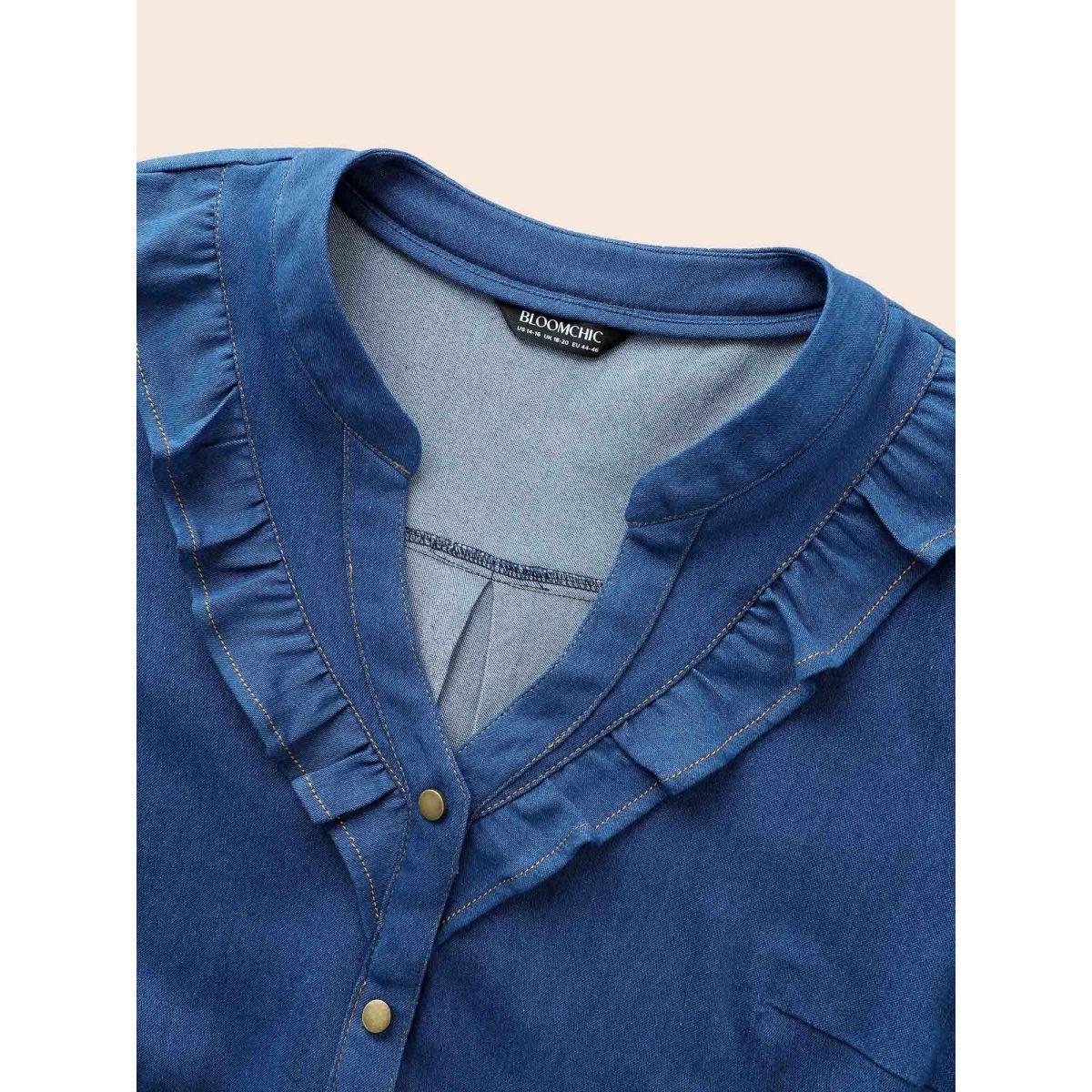 Plus Size Stretch Denim Lotus Leaf Neckline Shirt Denimblue Women Button Low stretch Vacation Resort Denim Tops BloomChic 12/L Product Image