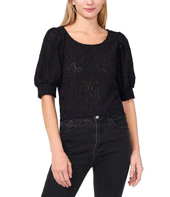 CeCe Knit Floral Round Neck Short Sleeve Top Product Image