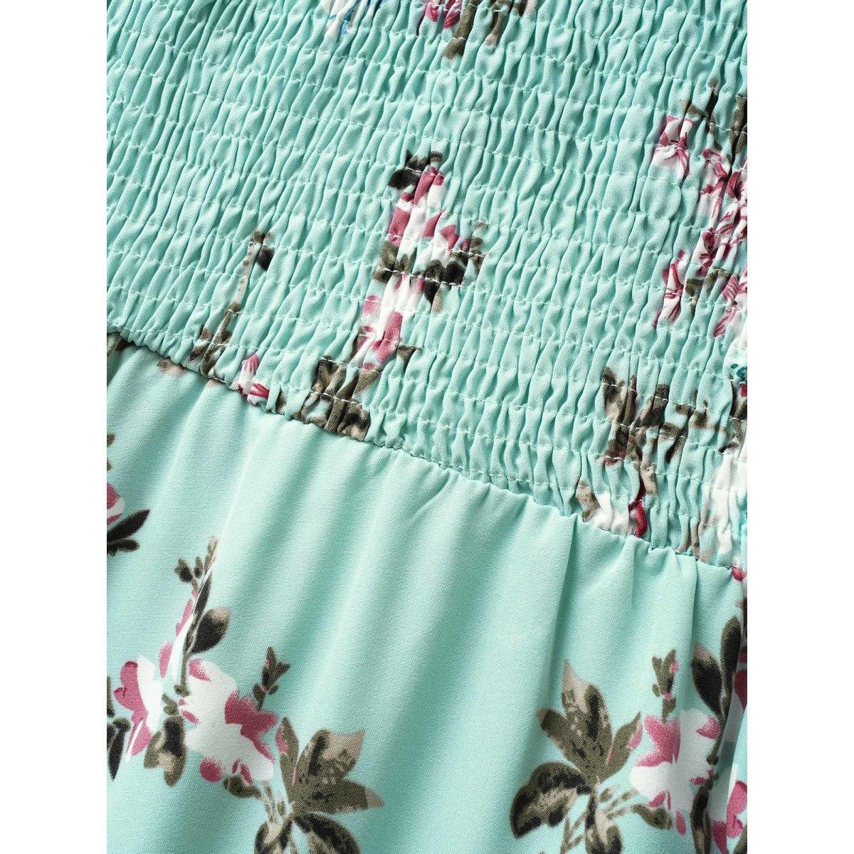 Plus Size Floral Square Neck Ruffles Pocket Shirred Split Dress Turquoise Women Romantic Non Square Neck Short sleeve Curvy BloomChic 14-16/1X Product Image