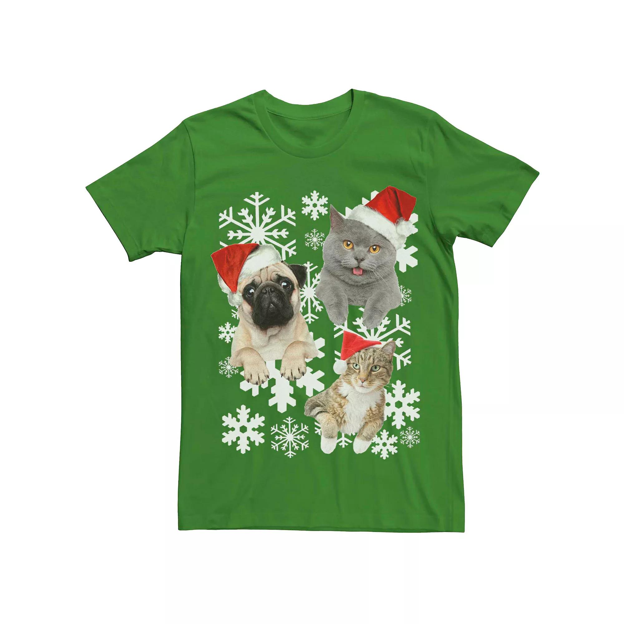 Men's Christmas Cats And Dog Snowflakes Graphic Tee,  Product Image