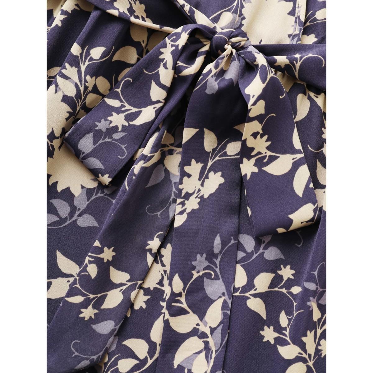 Plus Size Floral Print Overlap Collar Belted Flutter Sleeve Dress Blackcurrant Women Elegant Overlapping Overlap Collar Short sleeve Curvy Midi Dress BloomChic 18-20/2X Product Image