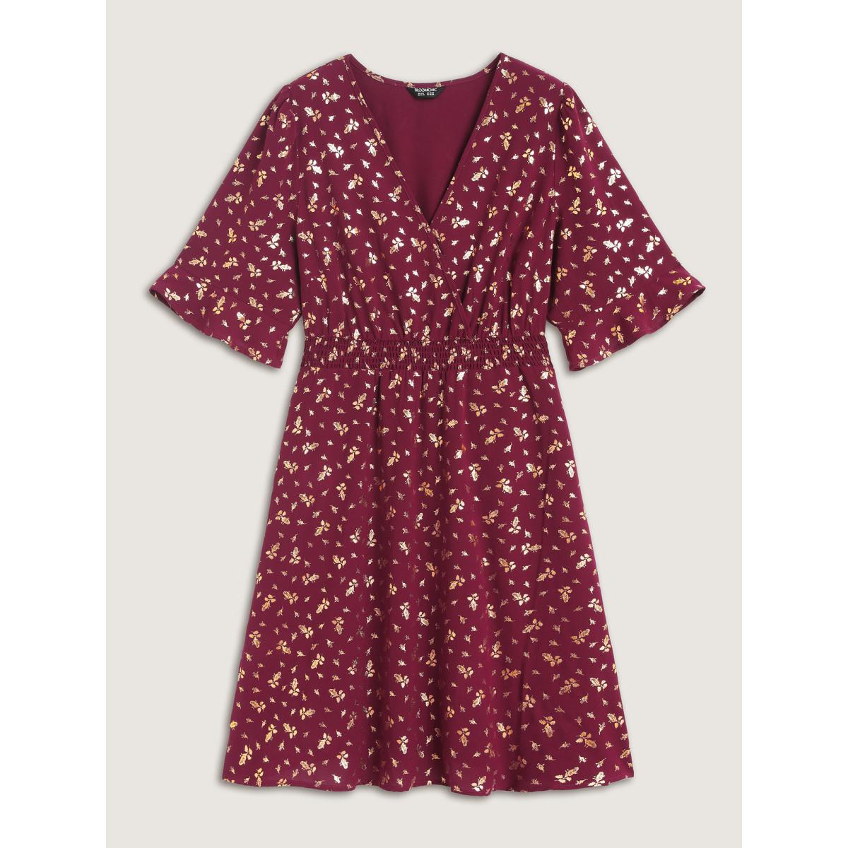 Plus Size Gold-Foil Shimmery Shirred-Waist Midi Dress Scarlet Women Overlapping Overlap Collar Half Sleeve Curvy BloomChic 28/5X Product Image