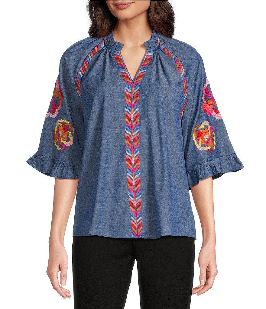 Calessa Petite Size Burnout Round Neck Long Sleeve Stretch Knit top Product Image