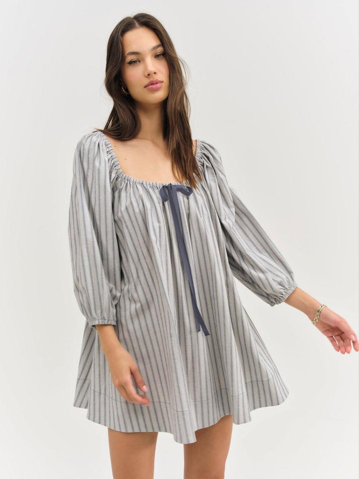 Linen Stripe Mini Dress — Blue Product Image
