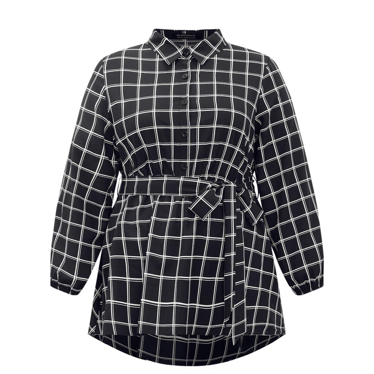 Plus Size Black Plaid Button Up Belted High Low Hem Blouse Women Office Long Sleeve Shirt collar Office Blouses BloomChic 22-24/3X Product Image
