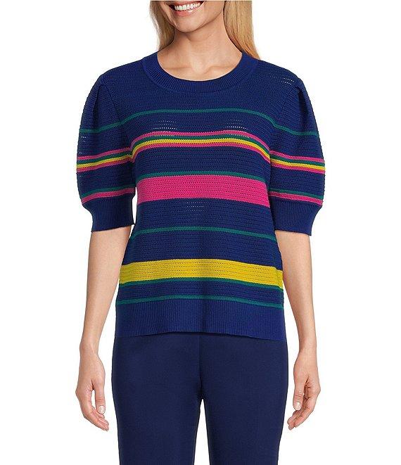 Investments Petite Size Olive Stripe Novelty Short Sleeve Crew Neck Sweater Top Product Image