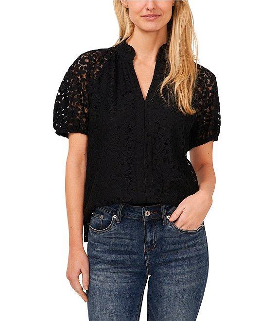 CeCe Lace Ruffle V-Neck Short Sleeve Top Product Image