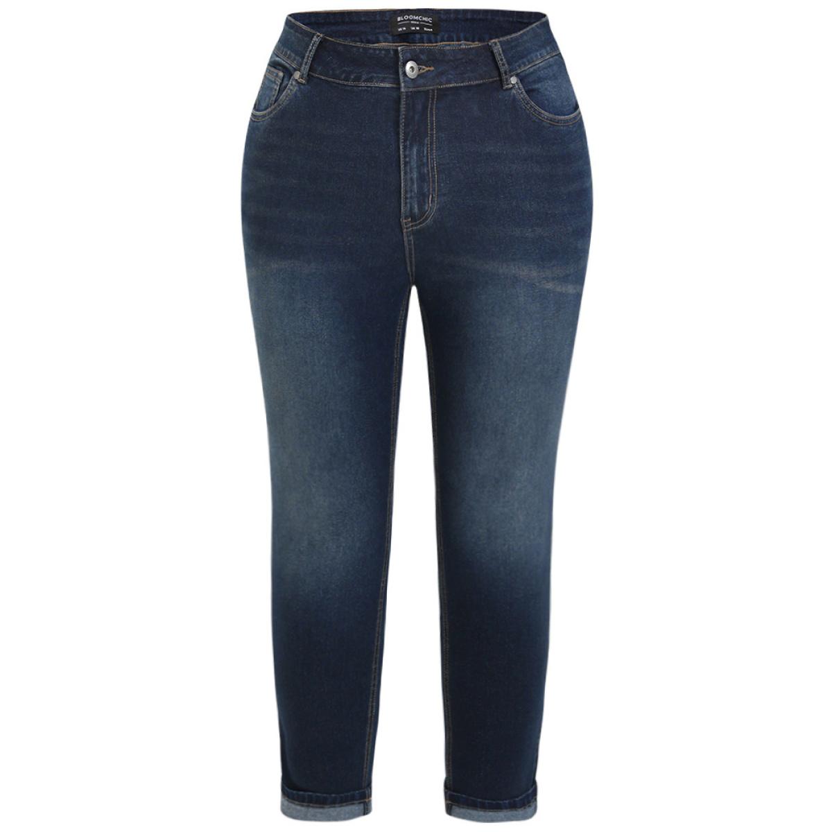 Plus Size Very Stretchy Pocket Dark Wash Roll Hem Jeans Women Midnight Casual Plain Roll Hem High stretch Pocket Jeans BloomChic 26/4X Product Image