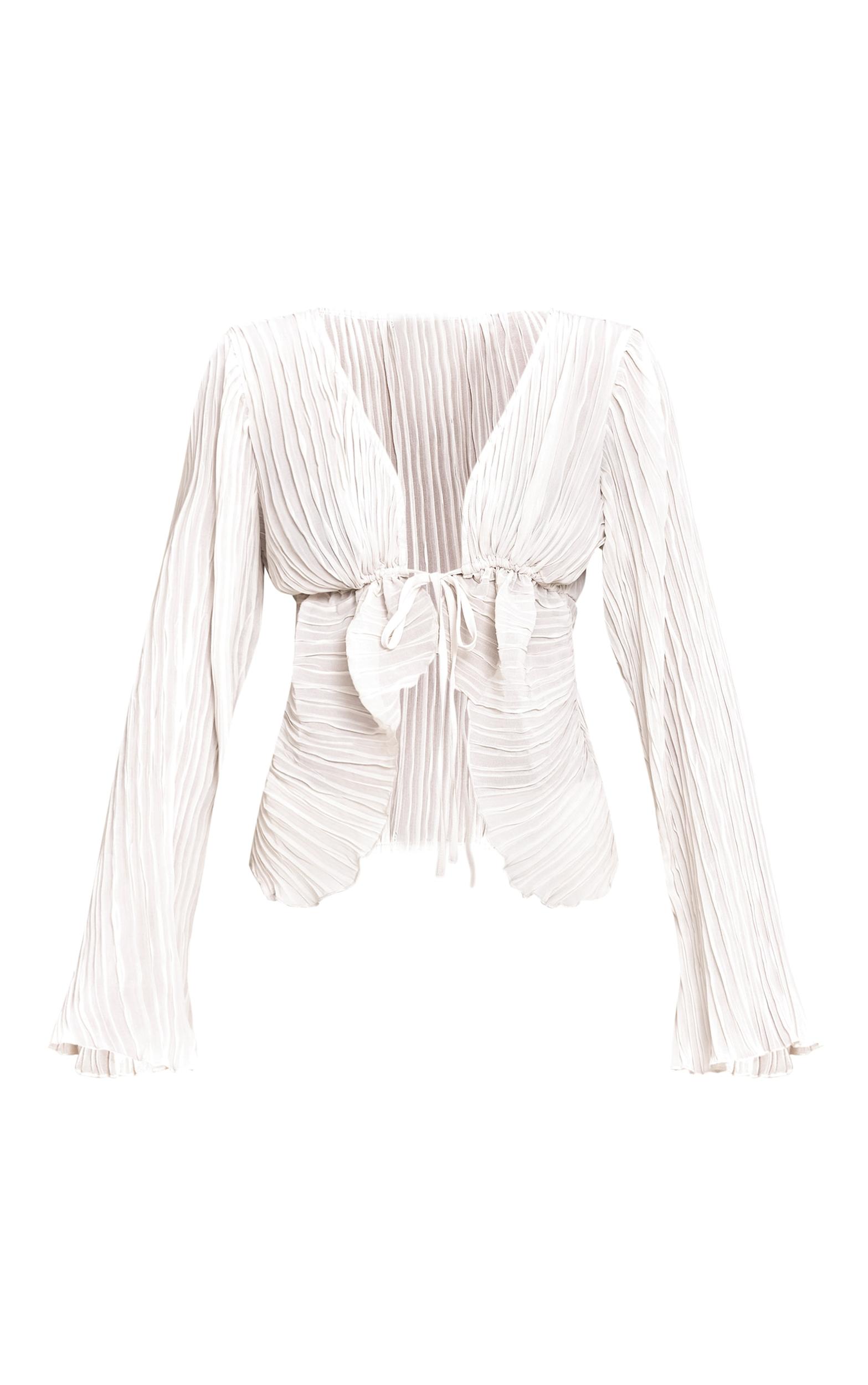Cream Sheer Plisse Tie Front Flute Sleeve Blouse Product Image