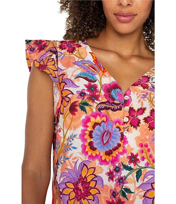 Liverpool Los Angeles Floral Print V-Neck Flutter Sleeve Shirt Product Image