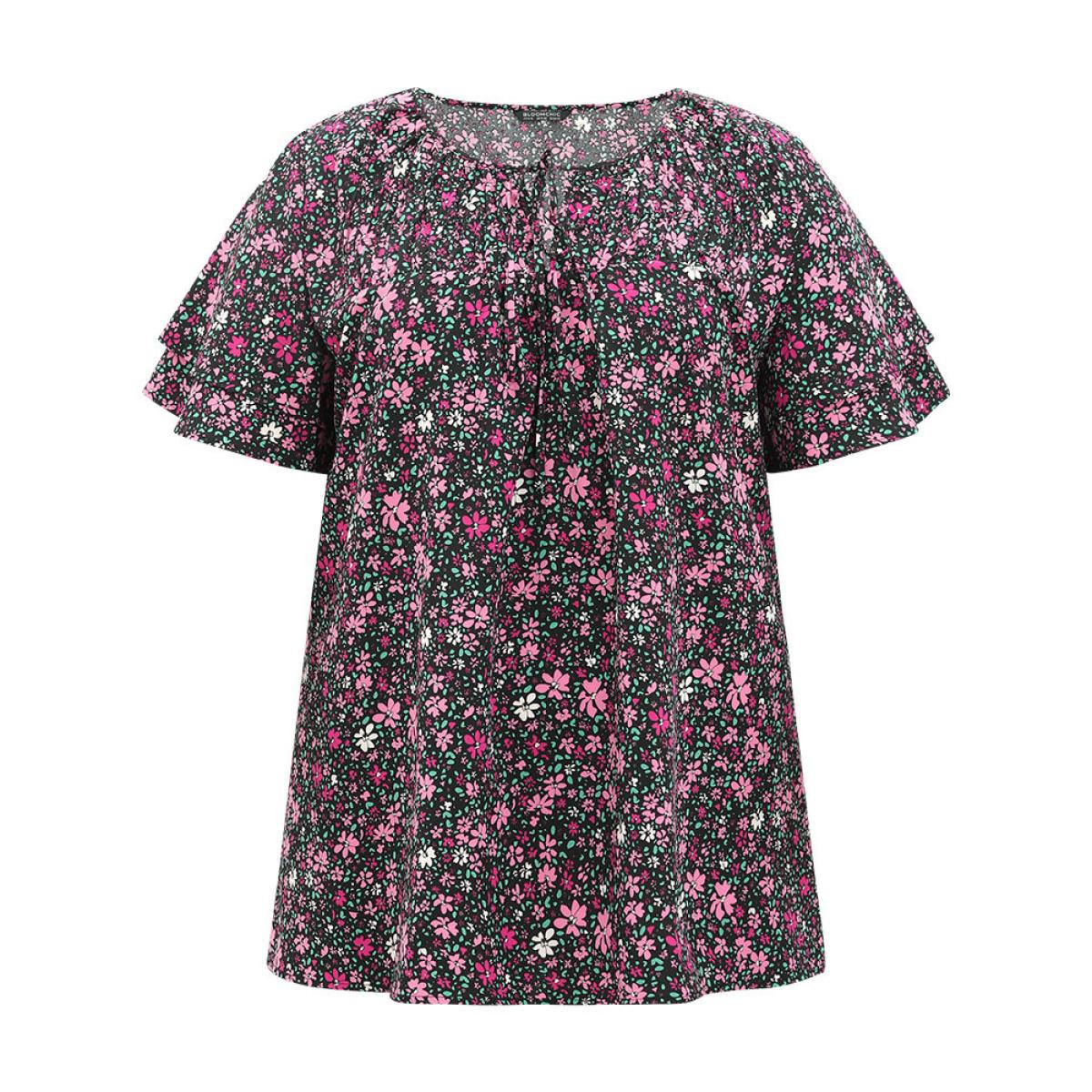Plus Size BlackFlower Ditsy Floral Knot Neck Flutter Sleeve Layered Blouse Women Elegant Short sleeve Tie Neck Dailywear Blouses BloomChic 10/M Product Image