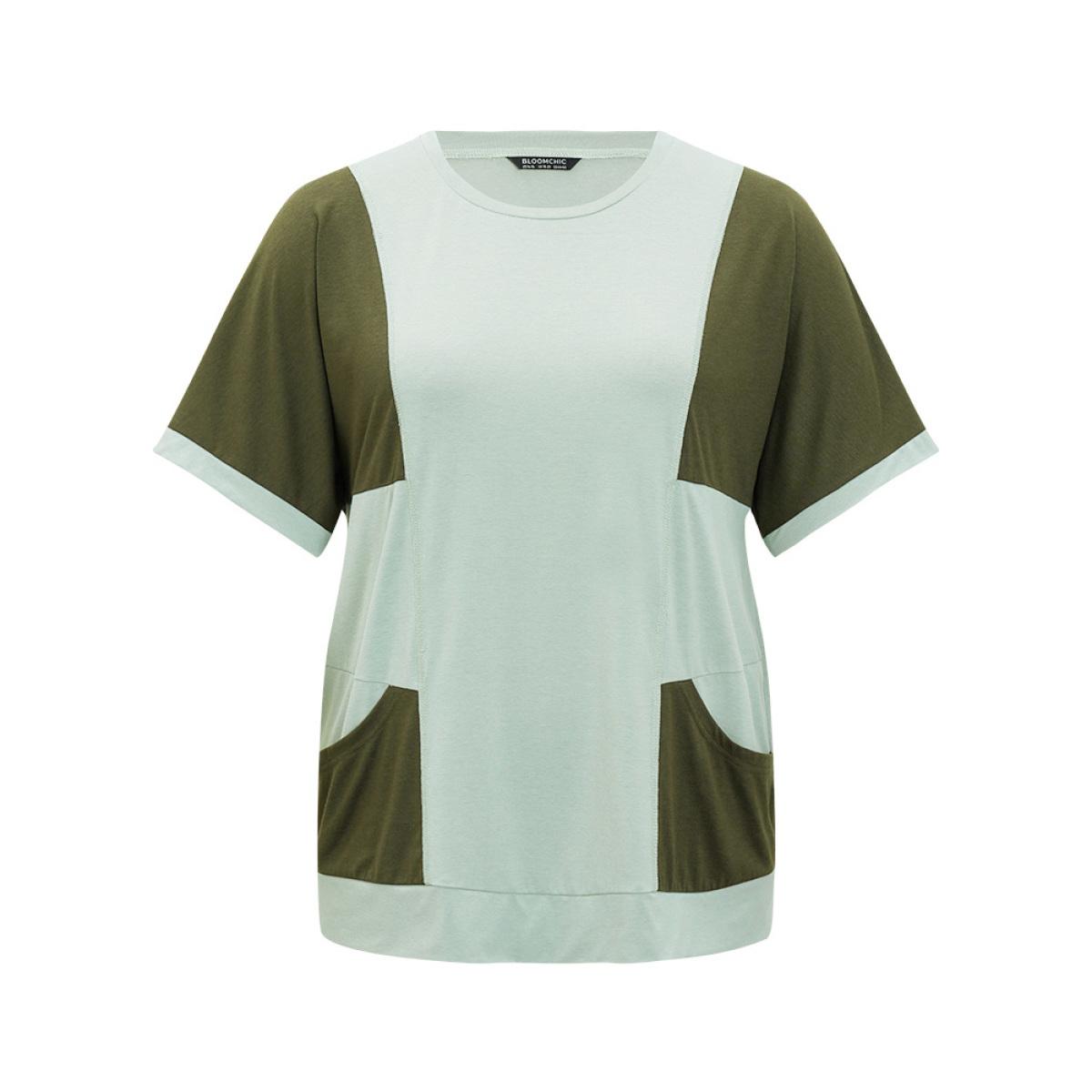 Plus Size Two Tone Dolman Sleeve Patched Pocket T-shirt Sage Women Casual Contrast Colorblock Round Neck Dailywear T-shirts BloomChic 14-16/1X Product Image