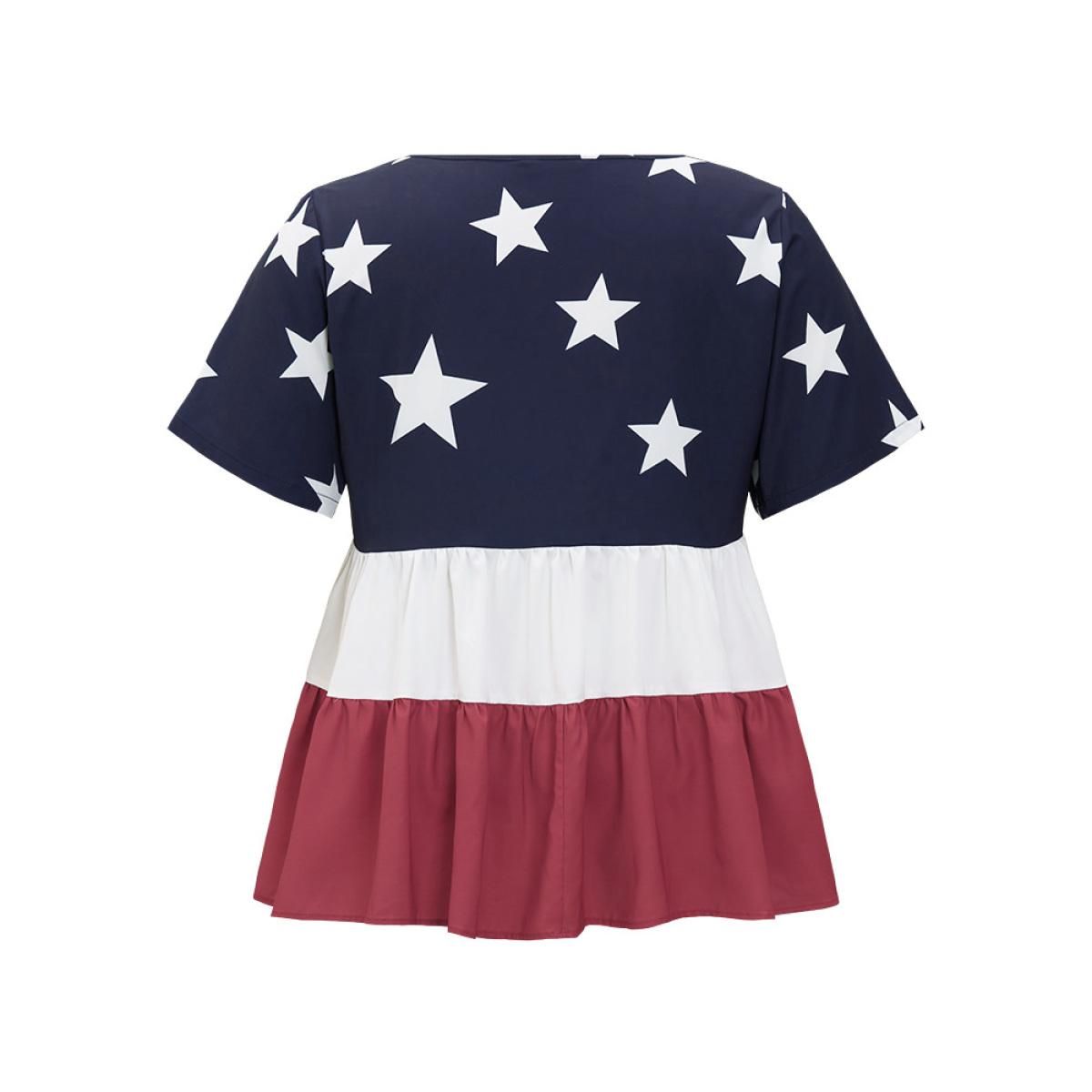 Plus Size Multicolor Star Patchwork Contrast Layered Hem Blouse Women Elegant Short sleeve Round Neck Everyday Blouses BloomChic 12/L Product Image