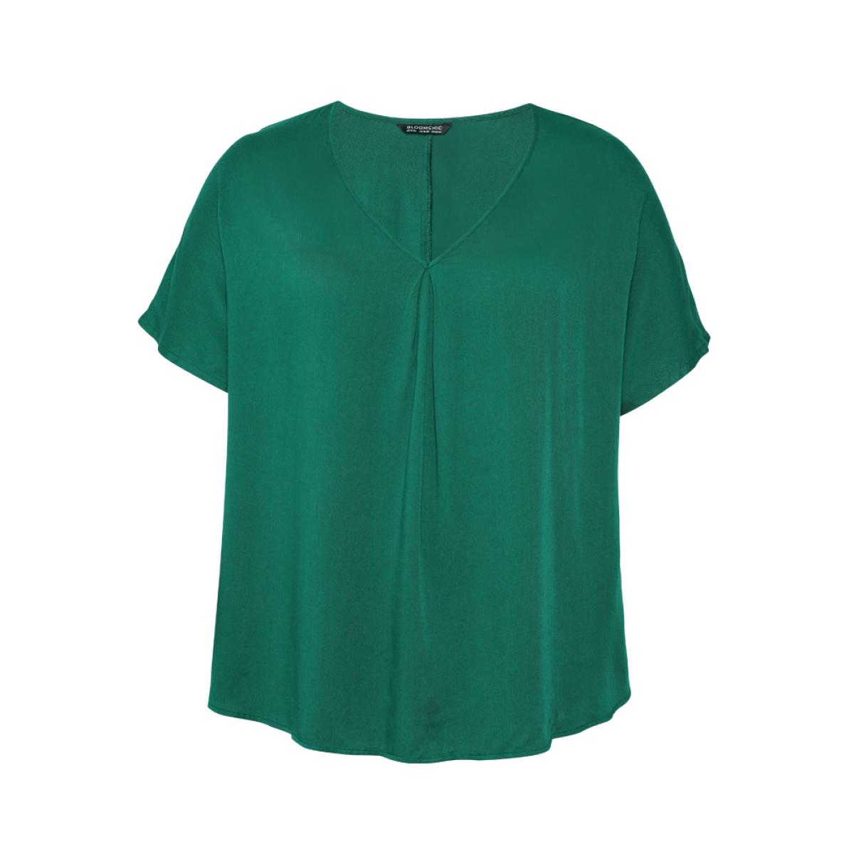 Plus Size ArmyGreen Plain Plicated Detail Batwing Sleeve Curved Hem Blouse Women Office Short sleeve V-neck Office Blouses BloomChic 10/M Product Image