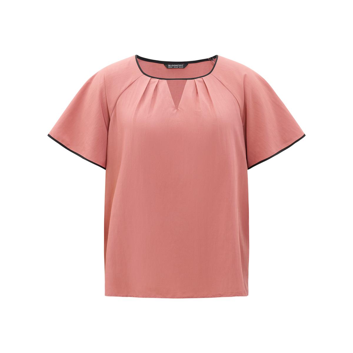 Plus Size Rouge Contrast Trim Plicated Detail Ruffle Sleeve Keyhole Blouse Women Elegant Short sleeve Keyhole Cut-Out Dailywear Blouses BloomChic 12/L Product Image