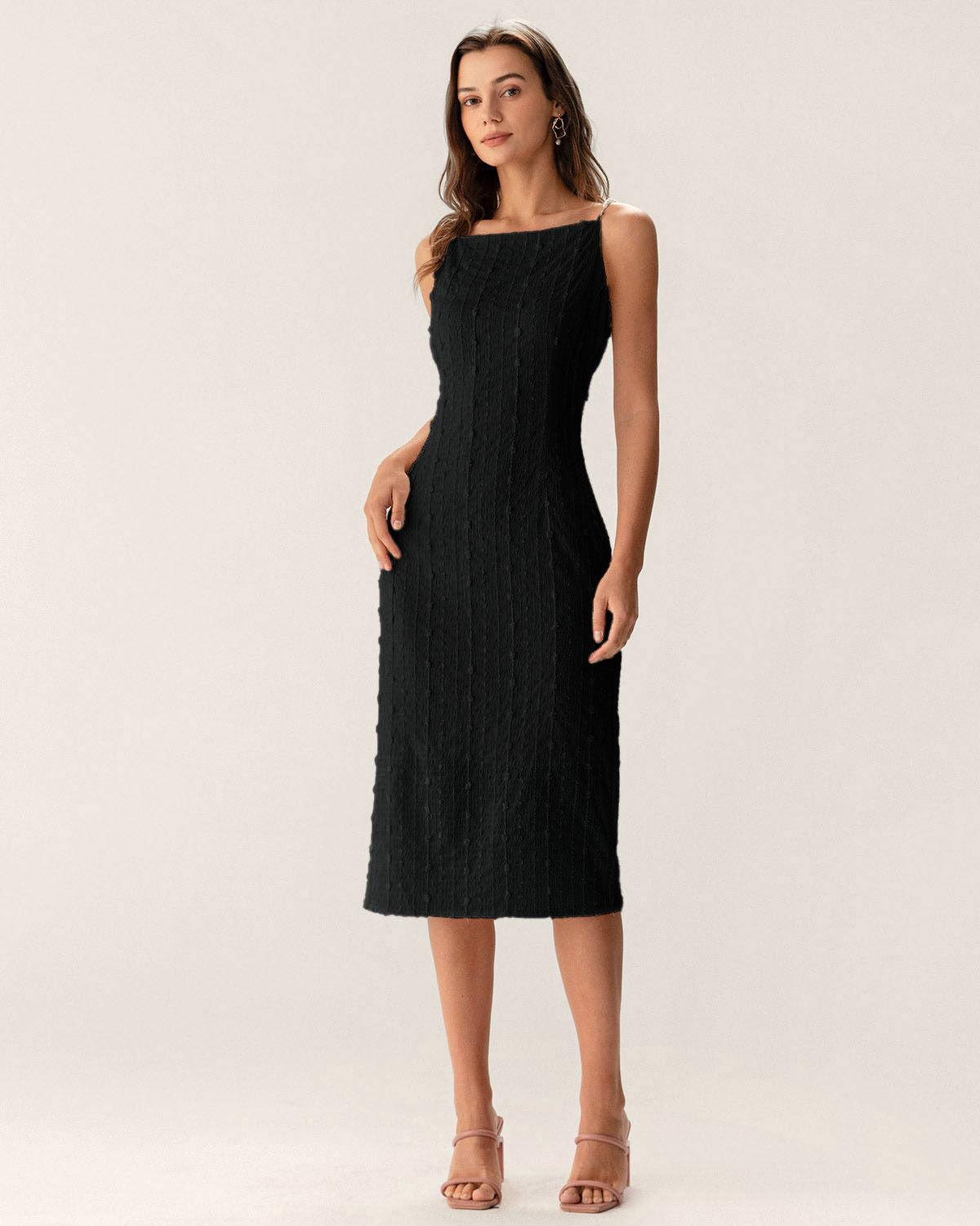 Black Textured Bodycon Beaded Strap Midi Dress Product Image