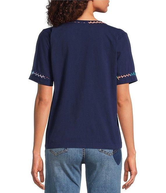 JOHNNY WAS Crochet Trim Crew Neck Short Sleeve Cotton Knit Tee Product Image