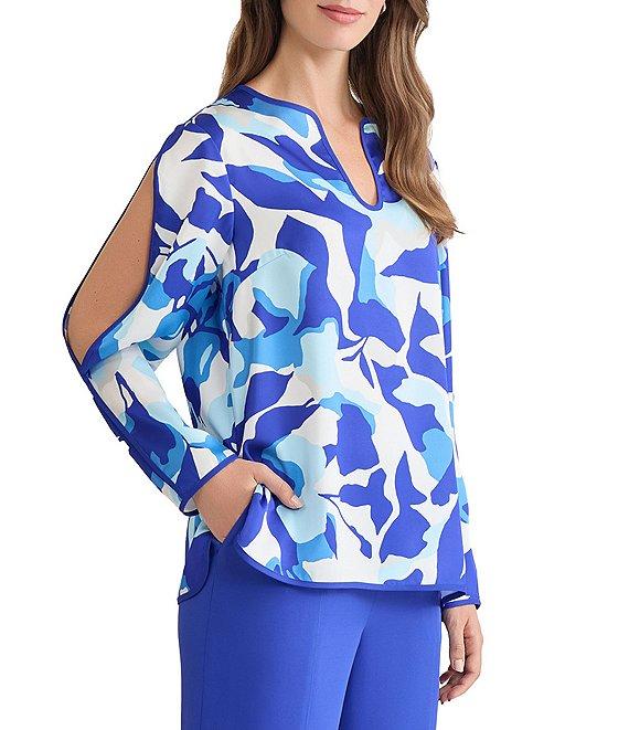 Ming Wang Crepe De Chine Split U-Neck Long Sleeve Blouse Product Image