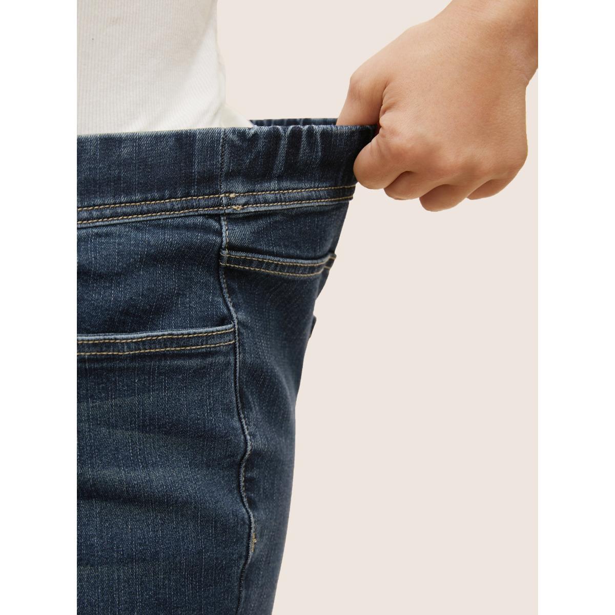 Plus Size Dark Wash Elastic Waist Slim Cropped Jeans Women Denimindigo Casual Non Medium stretch Slanted pocket Jeans BloomChic 20/2X Product Image