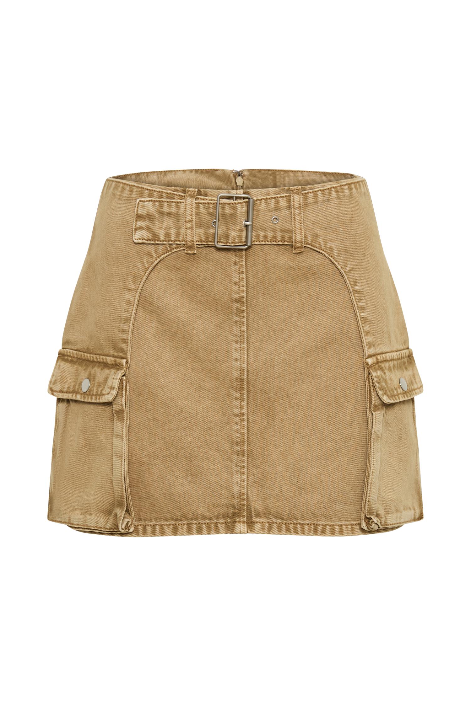 Rowena Denim Buckle Mini Skirt - Tan Acid Wash Product Image