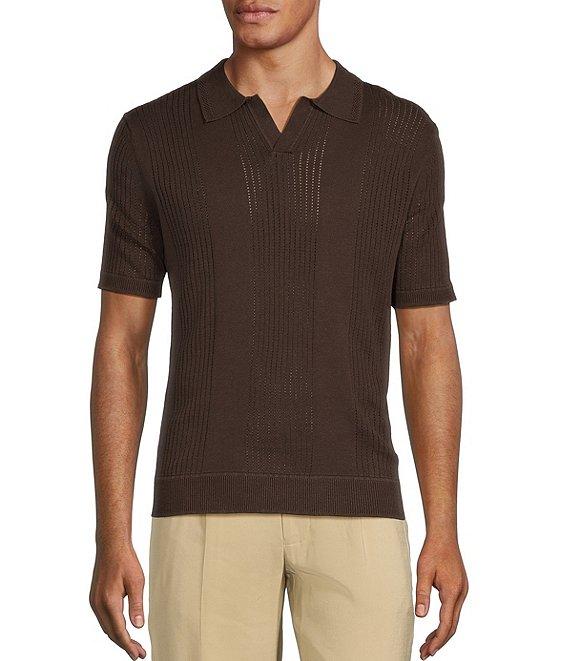 Murano Crocodile World Collection Pointelle Johnny Collar Short Sleeve Sweater Knit Shirt Product Image