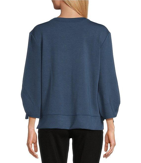 Westbound Petite Size Printed Ruched Sleeve Crew Neck Top Product Image