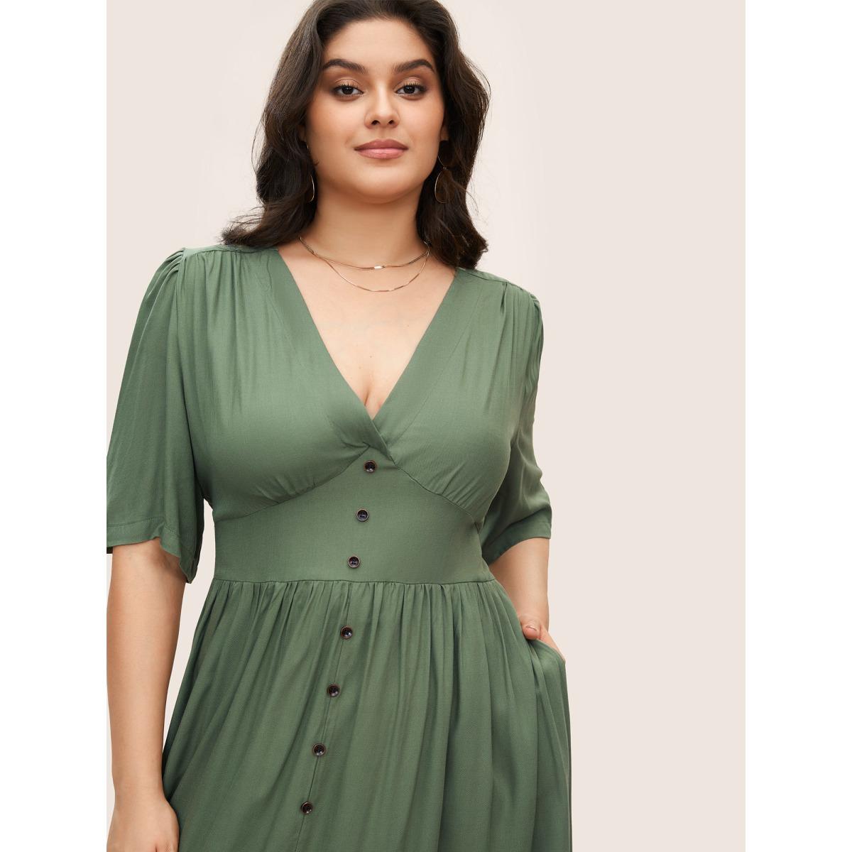 Plus Size Plunging Neck Button Detail Pocket Maxi Dress ArmyGreen Women Resort Gathered V-neck Short sleeve Curvy Long Dress BloomChic 12/L Product Image