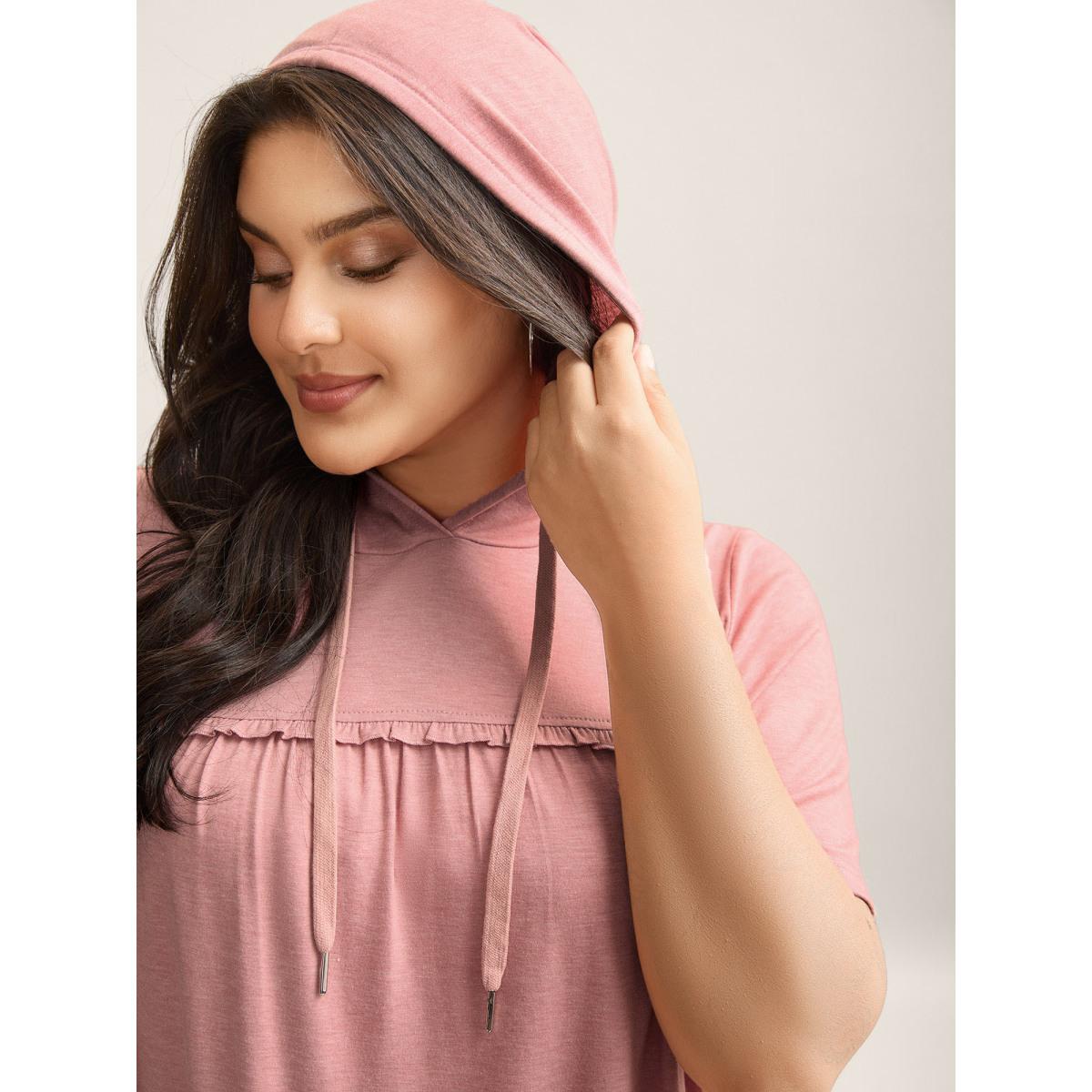 Plus Size Stretchy Heather Hooded Ties T-Shirt Dirtypink Women Gathered Hooded Everyday-Casual T-shirts BloomChic 18-20/2X Product Image