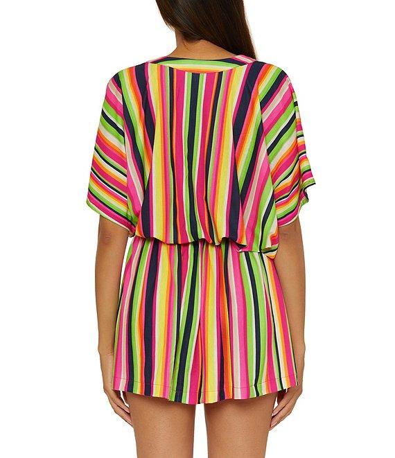 Trina Turk Anniversary Stripe V-Neck Cinched Drawcord Waist Tunic Swim Cover-Up Product Image