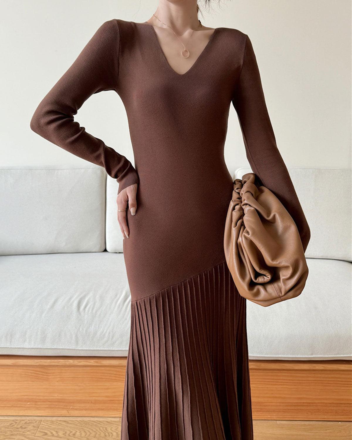 Coffee Scoop Neck Bodycon Sweater Dress Product Image