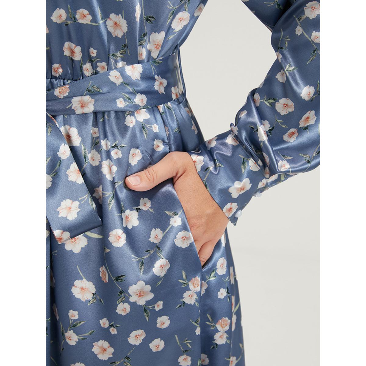 Plus Size Floral Keyhole Back Pocket Belted Satin Midi Dress Aegean Women Elegant Pocket Round Neck Long Sleeve Curvy Midi Dress BloomChic 14-16/1X Product Image