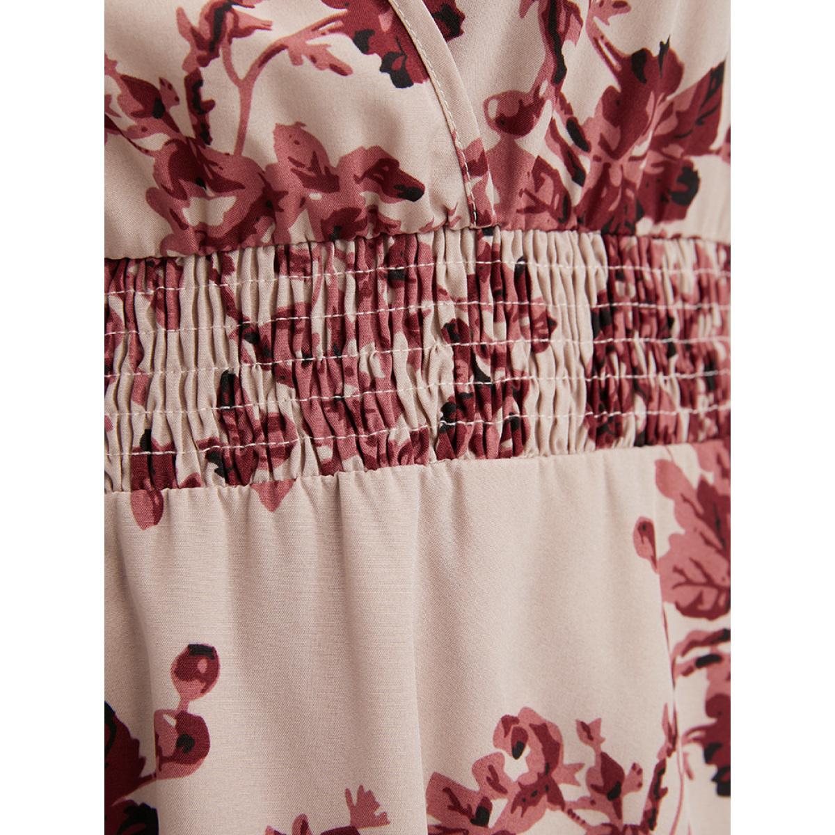 Plus Size Floral Wrap Lantern Sleeve Pocket Shirred Ruffle Hem Dress DustyPink Women Elegant Pocket V-neck Long Sleeve Curvy Midi Dress BloomChic 26/4X Product Image