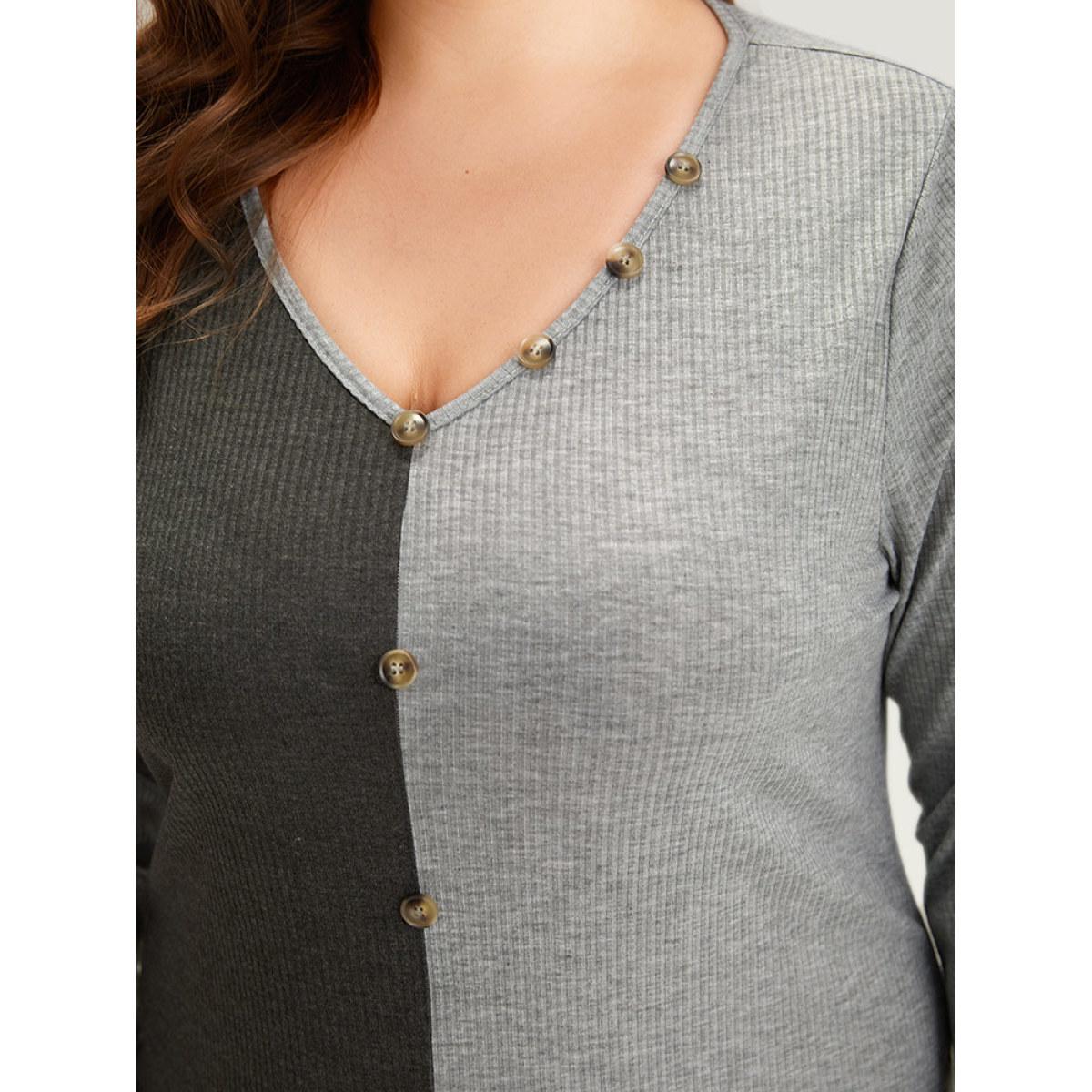 Plus Size Two Tone V Neck Button Detail Split Front Dress LightGray Women Casual Plain V-neck Half Sleeve Curvy Midi Dress BloomChic 30/6X Product Image