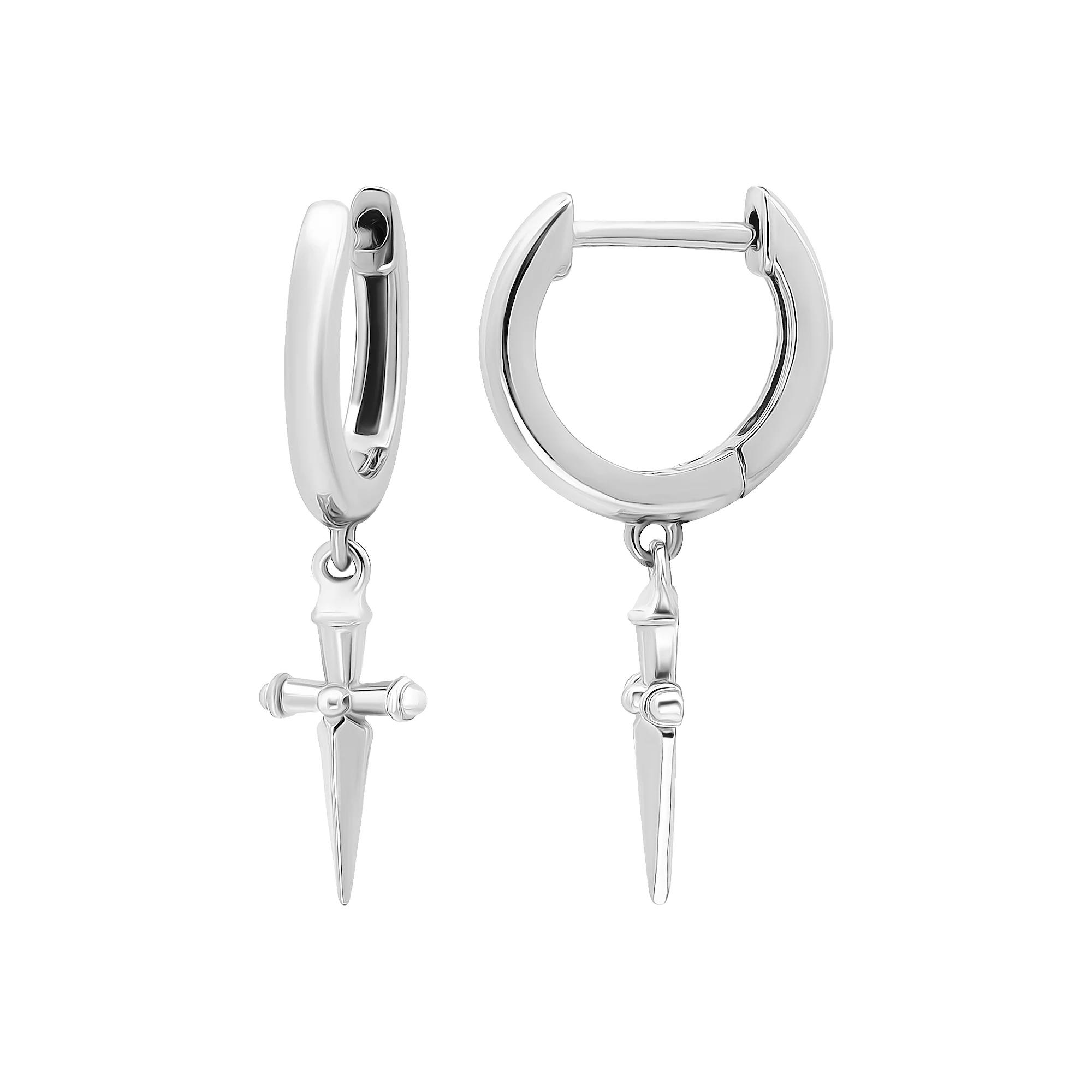 Aleure Precioso Sterling Silver Polished Huggie Earrings with Dagger-Shaped Drop Charms, Women's Product Image