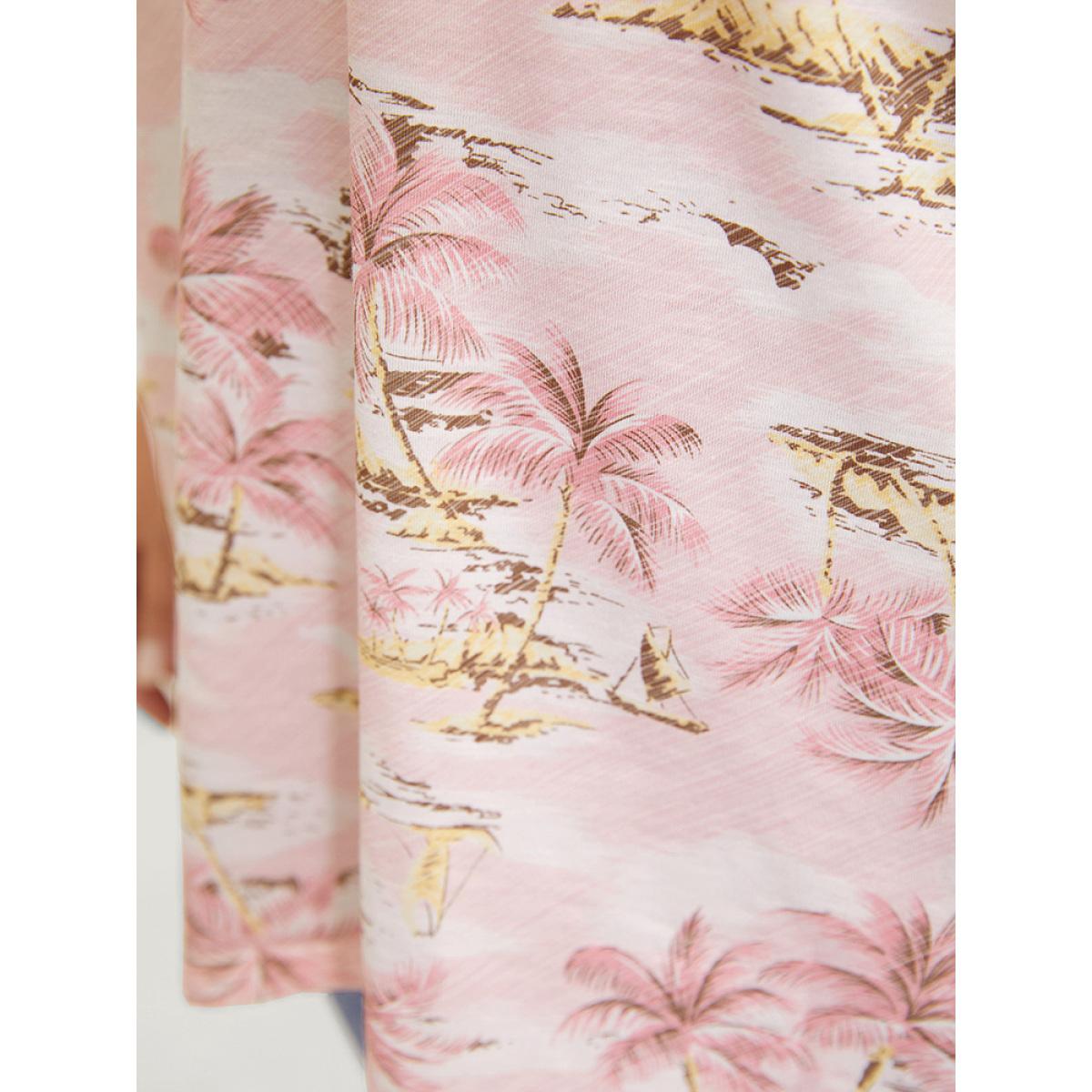 Plus Size Coconut Tree Print Gathered Twist Sleeve T-shirt Rouge Women Vacation Tropical V-neck Dailywear T-shirts BloomChic 12/L Product Image