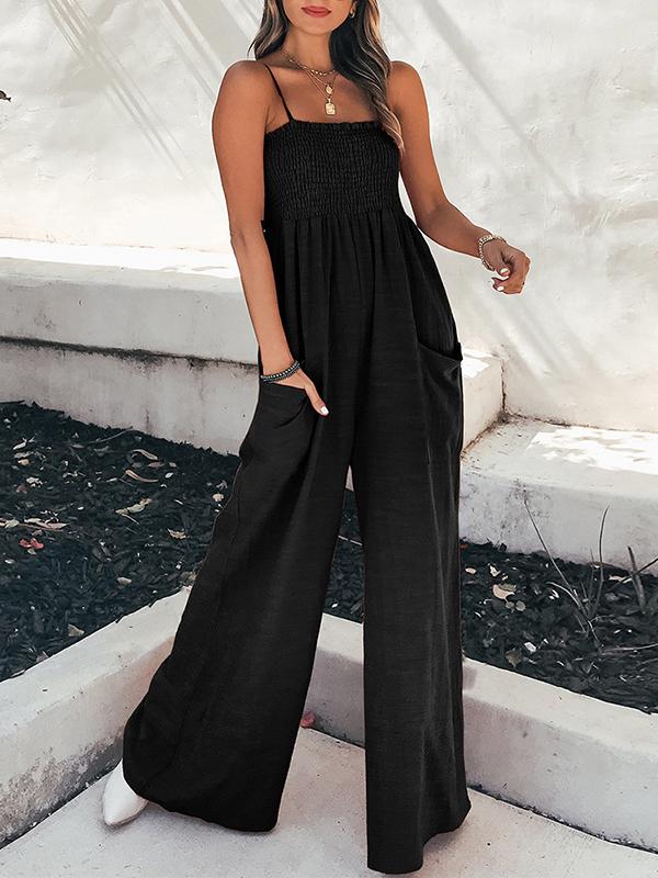 High Waisted Loose Elasticity Pleated Pockets Split-Joint Spaghetti-Neck Jumpsuits Product Image