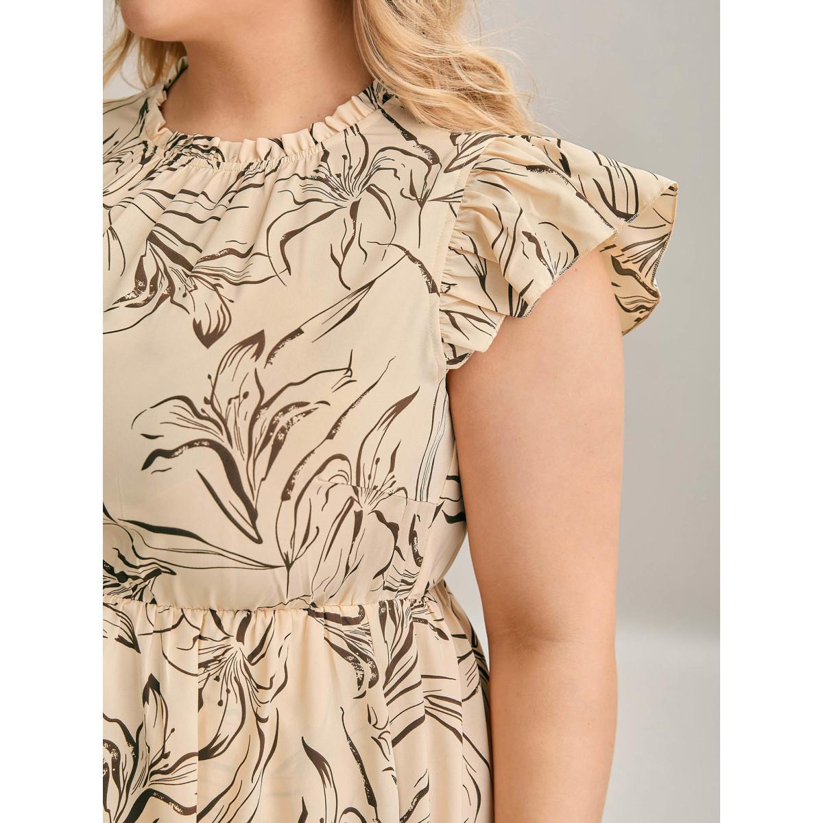 Plus Size Abstract Print Mock Neck Midi Dress Apricot Women Elegant Frill Trim Mock Neck Cap Sleeve Curvy BloomChic 22-24/3X Product Image