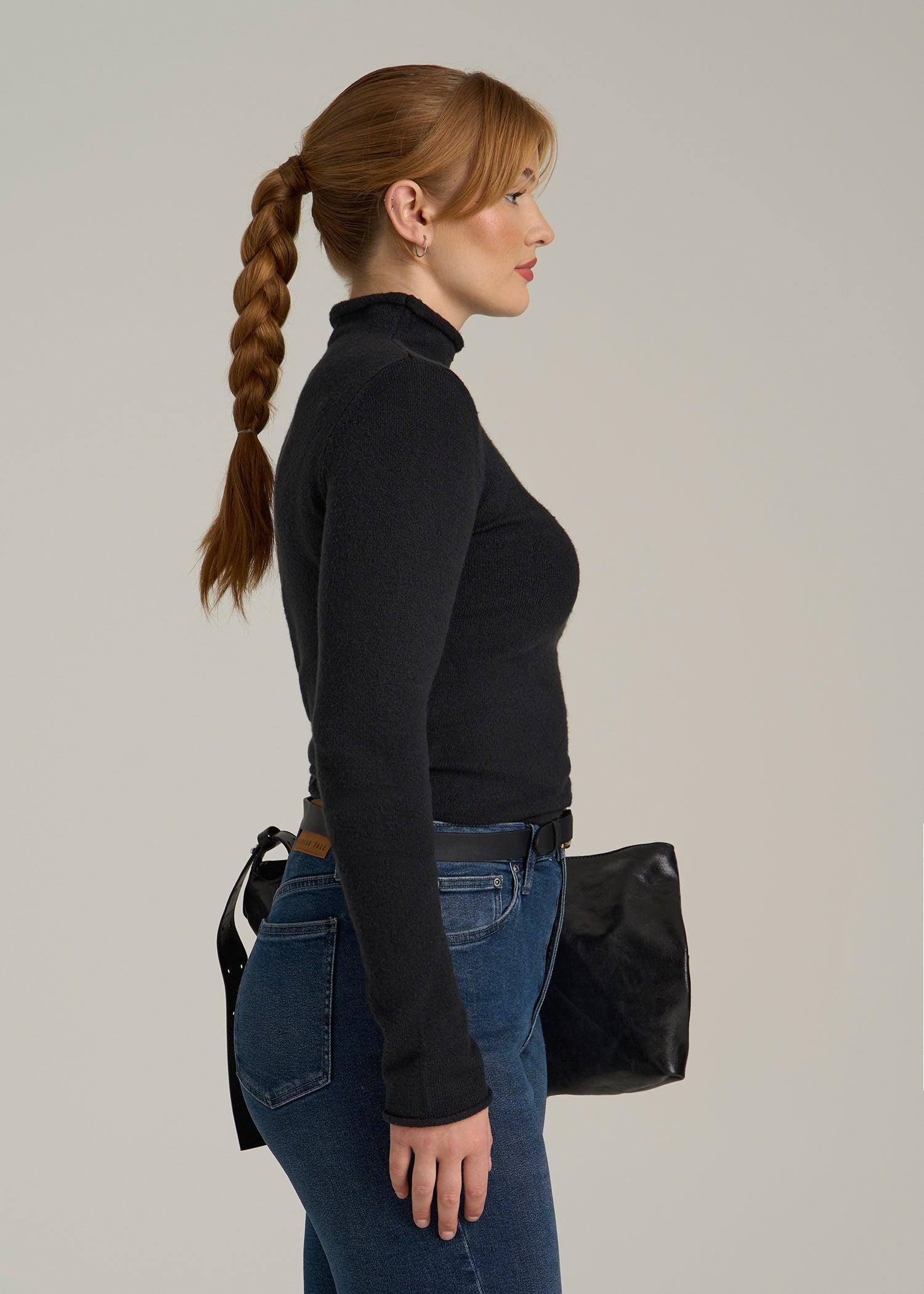 Rolled Mock Neck Sweater for Tall Women in Black Female Product Image