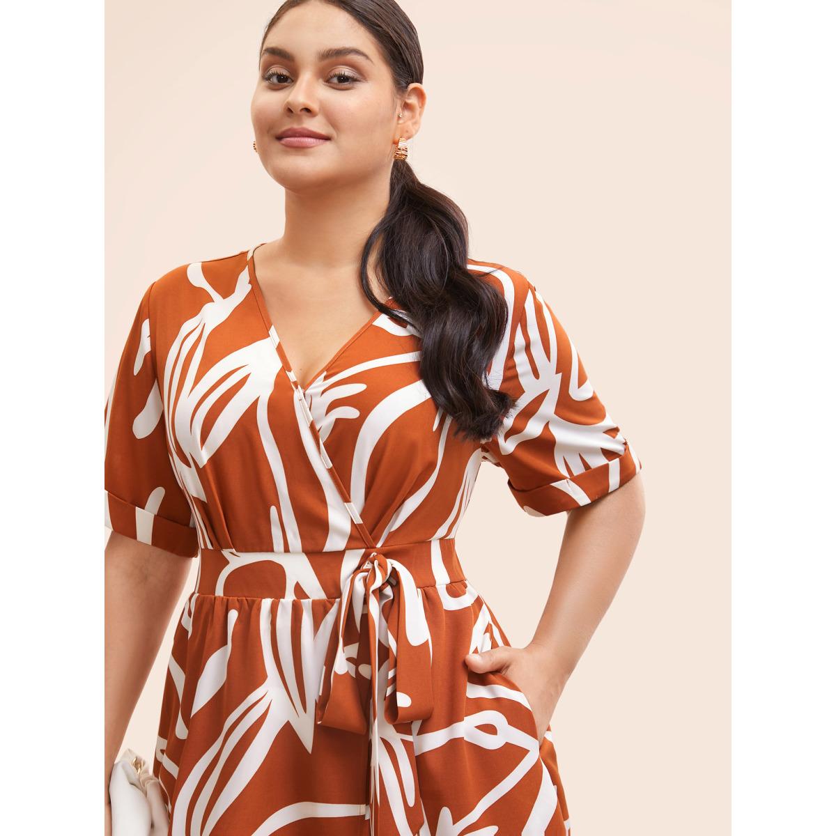 Plus Size Graffiti Overlap Collar Shirred Midi Dress Coral Women At the Office Overlapping Overlap Collar Short sleeve Curvy BloomChic 26/4X Product Image