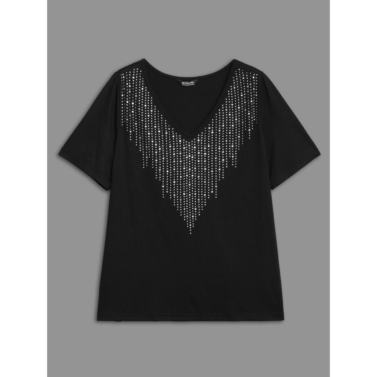 Plus Size V-Neck Rhinestone Stretchy T-Shirt Black Women Elegant Rhinestone detailing V-neck Everyday T-shirts BloomChic 14-16/1X Product Image