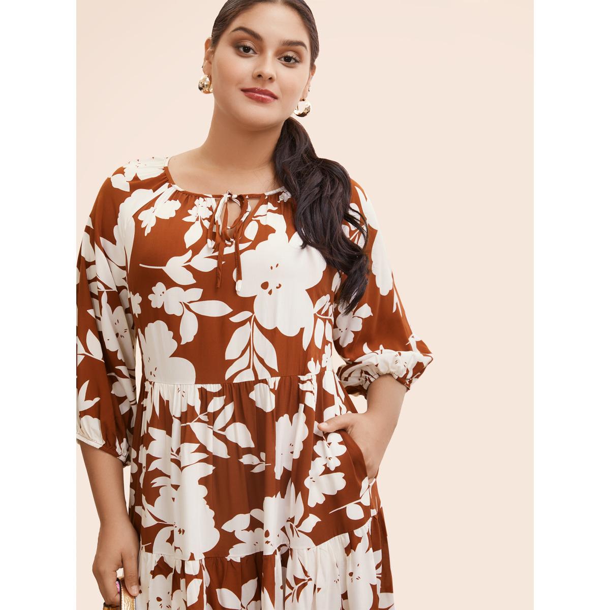 Plus Size Silhouette Floral Print Knot Neck Lantern Sleeve Dress Russet Women Office Elastic cuffs Round Neck Half Sleeve Curvy Midi Dress BloomChic 14-16/1X Product Image