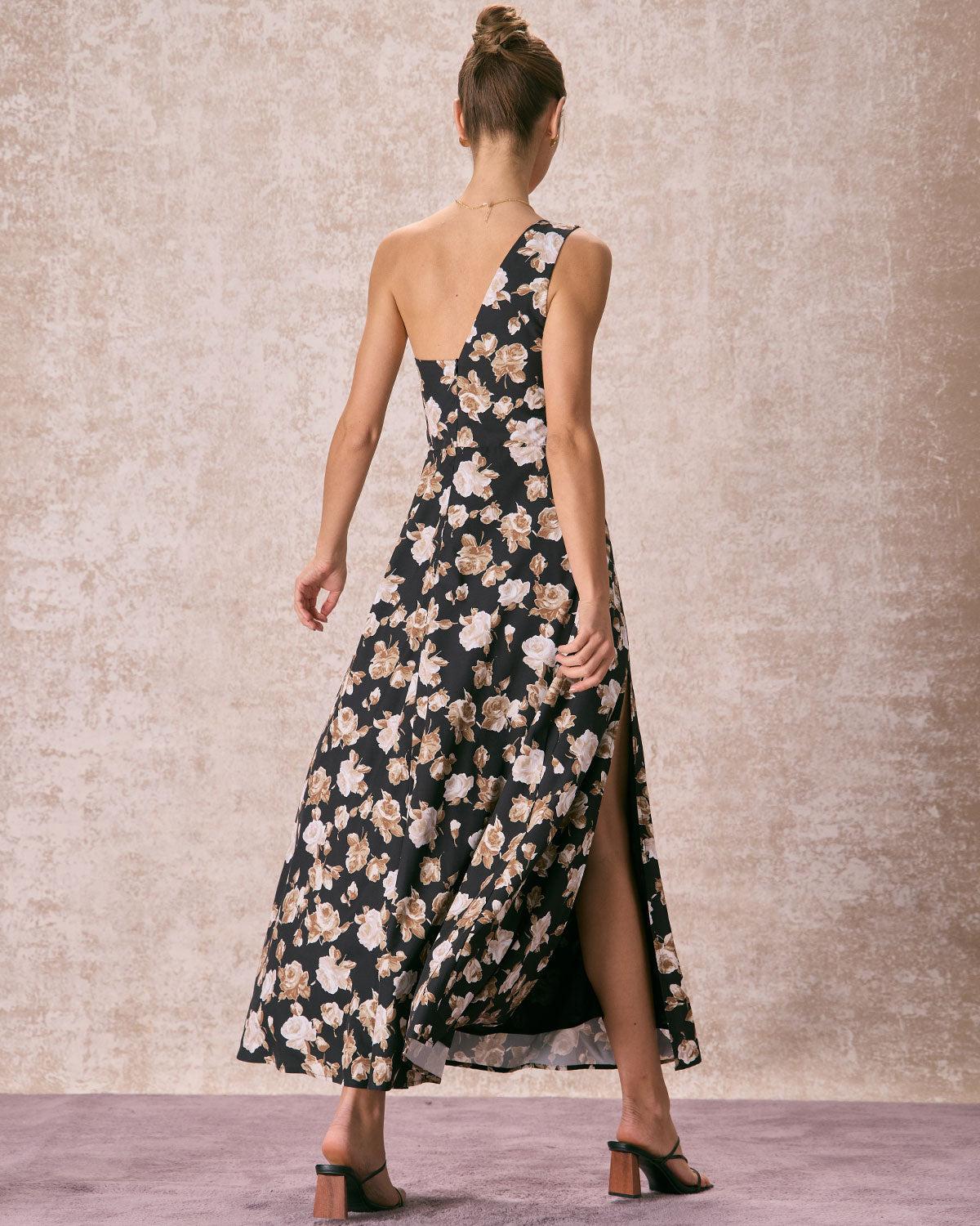 The Black One Shoulder Floral Maxi Dress Product Image