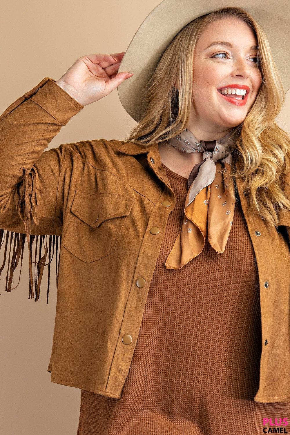 PLUS Camel Faux Suede Fringe Jacket-* Product Image